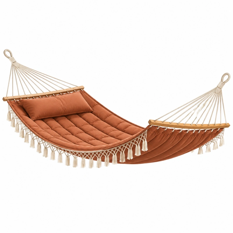 Amaca 330 x 120 cm in tessuto terracotta con aste in legno - imbottita con frange