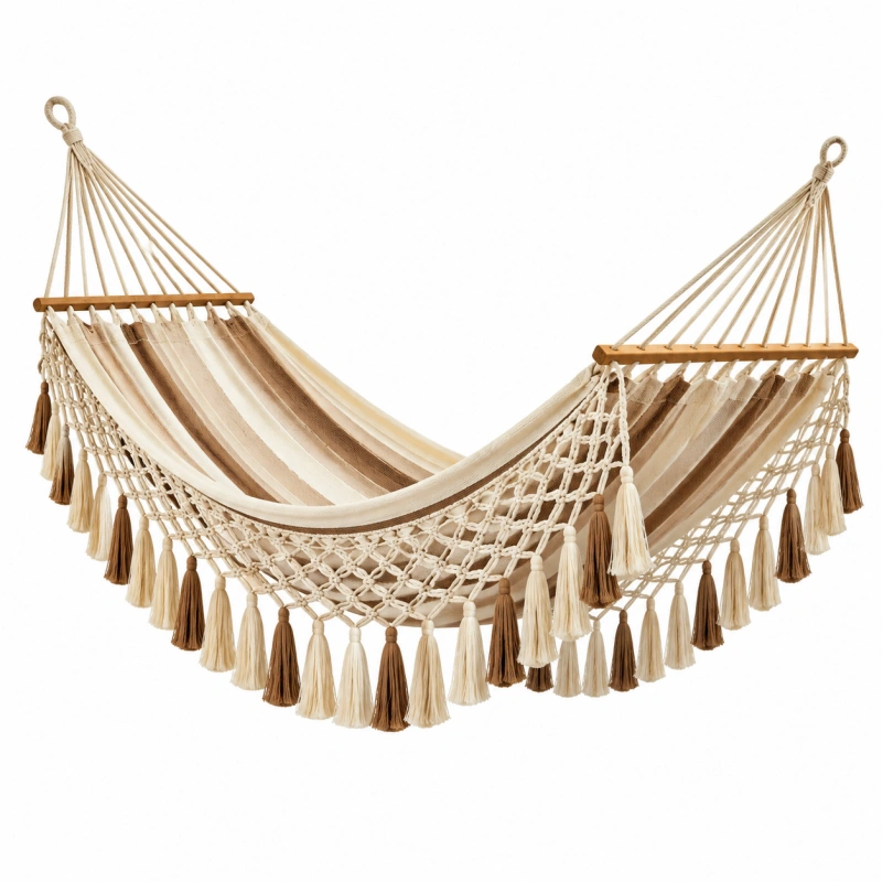 Amaca 200 x 150 cm in cotone beige e marrone con frange stile boho