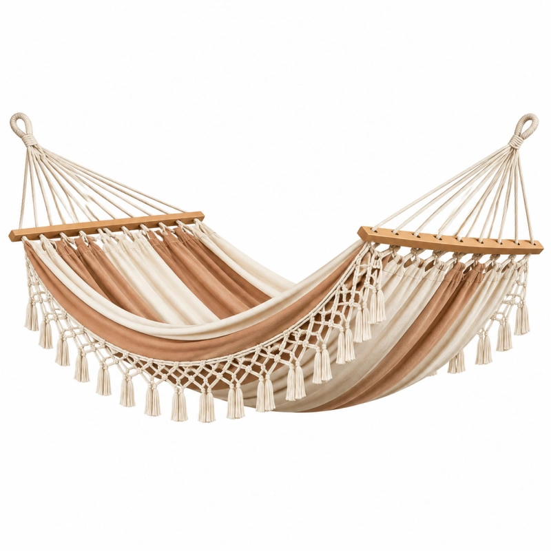 Amaca 200 x 150 cm in cotone beige e marrone con frange - stile boho per giardino e terrazzo