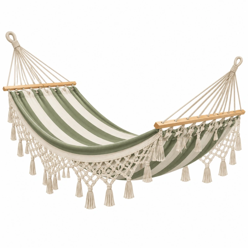 Amaca 300 x 100 cm in cotone verde e crema con frange per giardino