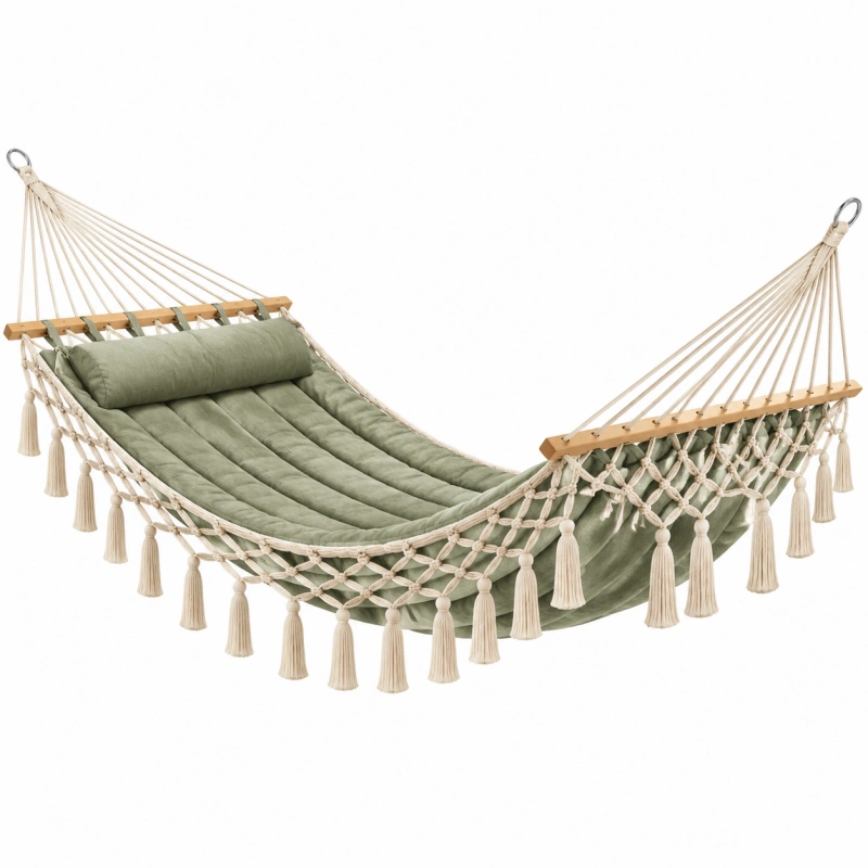 Amaca 200 x 120 cm in cotone verde imbottita con frange stile boho