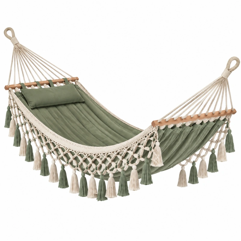 Amaca 300 x 100 cm in tessuto e corda verde salvia - stile boho da giardino