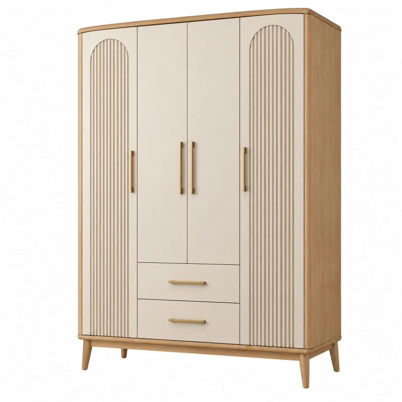 Armadio guardaroba 120 x 55 x 190 cm in pannelli di legno crema e legno naturale con 4 ante e 2 cassetti stile moderno
