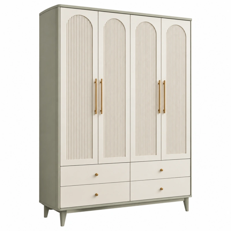 Armadio guardaroba 180 x 55 x 200 cm in legno bianco con 4 ante 4 cassetti e maniglie dorate stile moderno