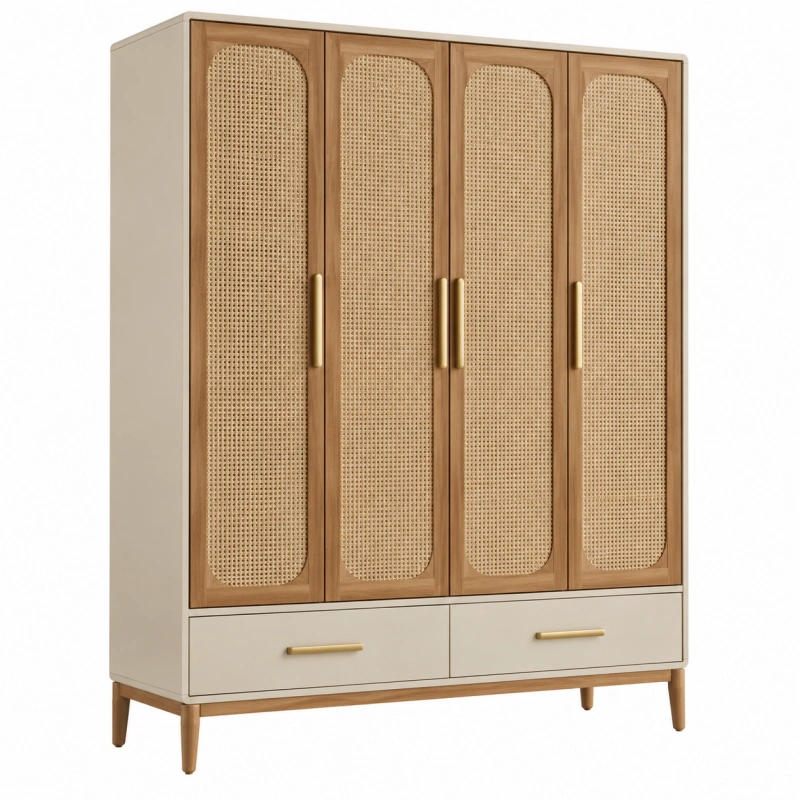 Armadio guardaroba 160x55x190 cm in legno beige e naturale con ante in rattan e cassetti