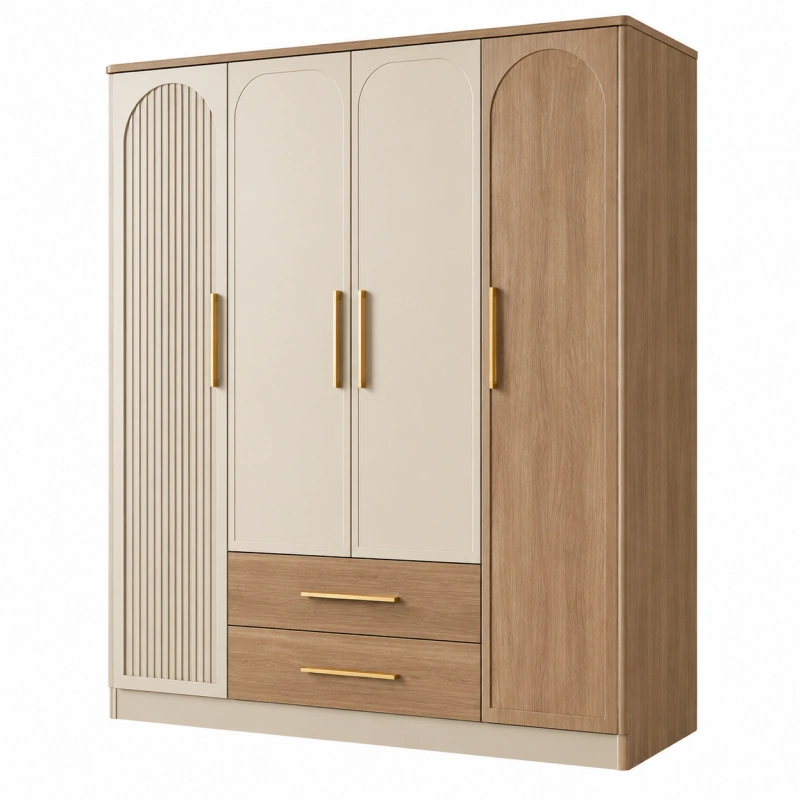 Armadio guardaroba 160 x 55 x 200 cm in legno beige e rovere con 4 ante e 2 cassetti stile moderno