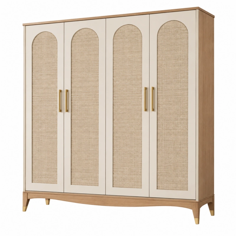 Armadio guardaroba 180 x 55 x 200 cm in legno beige con ante in rattan stile naturale