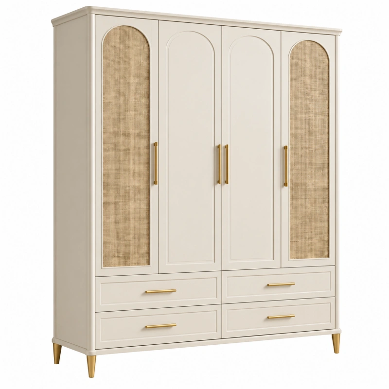 Armadio 160 x 55 x 200 cm in legno beige con inserti in rattan - 4 ante e 4 cassetti