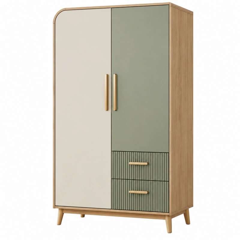 Armadio 100 x 55 x 190 cm in legno ingegnerizzato beige verde salvia con 2 ante e 2 cassetti stile moderno