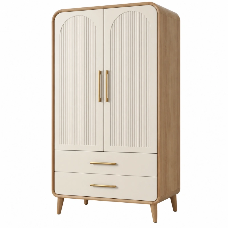 Armadio guardaroba 90x50x180 cm in legno beige e naturale con 2 ante 2 cassetti stile moderno