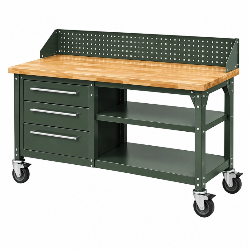 Banco da lavoro 152 x 62 x 96 cm in acciaio e legno marrone verde con ruote e cassetti