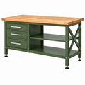 Tavolo da lavoro da cucina 140 x 60 x 90 cm in legno e metallo verde con cassetti e ripiani