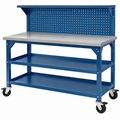 Banco da lavoro 120 x 60 x 150 cm in acciaio blu con ruote e pannello forato