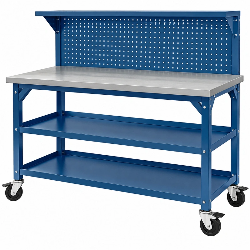 Banco da lavoro 120 x 60 x 150 cm in acciaio blu con ruote e pannello forato