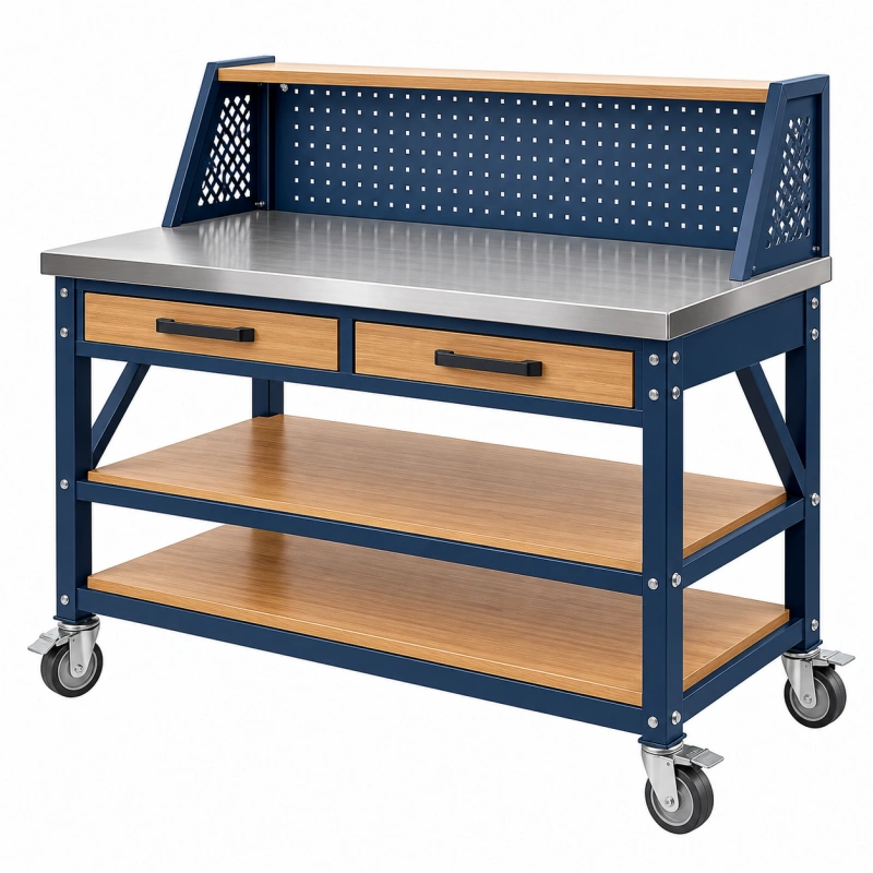 Banco da lavoro mobile 120 x 60 x 100 cm in acciaio blu e legno con piano metallico e cassetti
