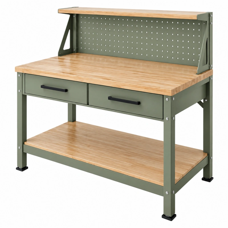 Banco da lavoro 120 x 60 x 150 cm in acciaio e bambù verde con 2 cassetti e pannello forato