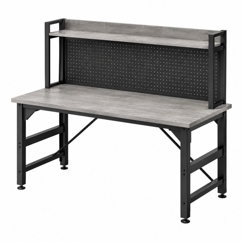 Banco da lavoro 120 x 60 x 140 cm in metallo nero e pannello grigio con pannello forato