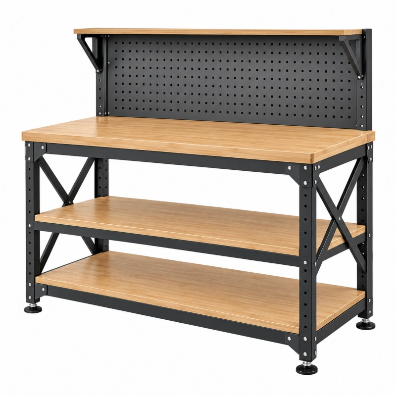 Banco da lavoro 120 x 60 x 150 cm in legno e acciaio nero/marrone con pannello forato e ripiani stile industriale