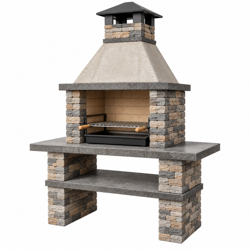 Barbecue da giardino 140 x 70 x 220 cm in pietra grigio beige con griglia in metallo
