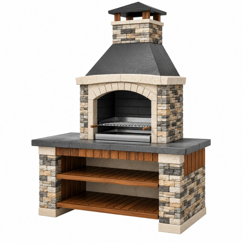 Barbecue da giardino 150 x 75 x 230 cm in pietra e metallo grigio beige con camino e ripiani