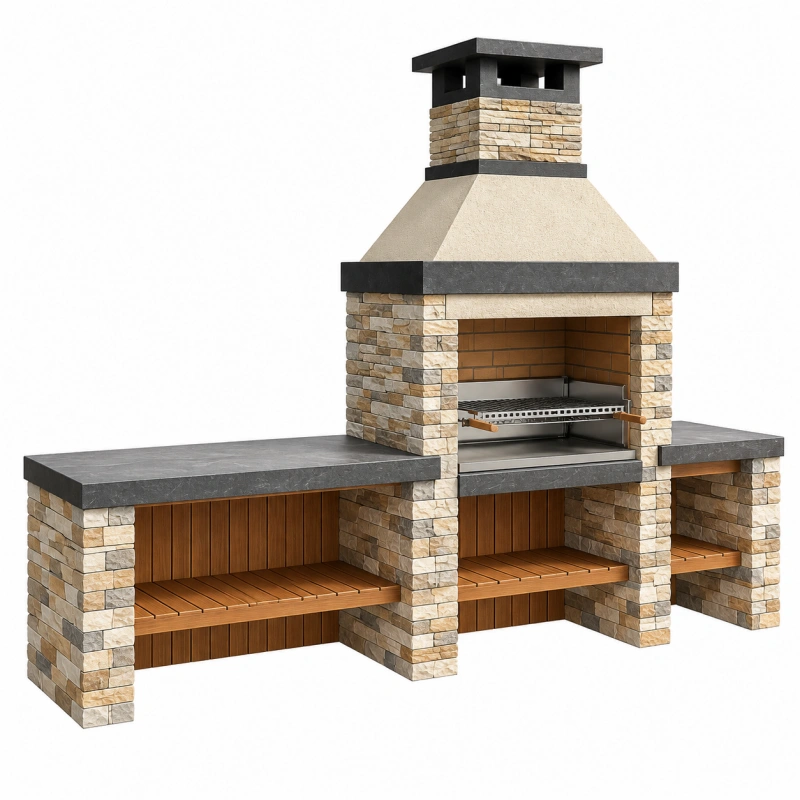 Barbecue da giardino in muratura 300 x 70 x 250 cm beige grigio antracite con griglia stile rustico
