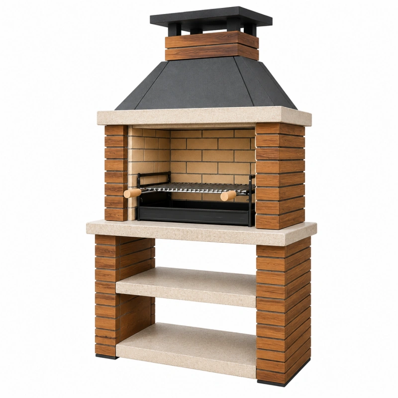 Barbecue da esterno 100 x 65 x 220 cm in muratura marrone e nero con cappa e griglia regolabile