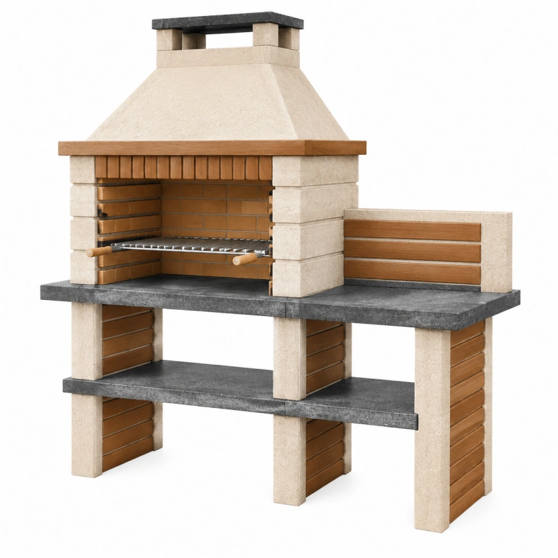 Barbecue da giardino 100 x 60 x 210 cm in pietra beige con griglia in acciaio e ripiani