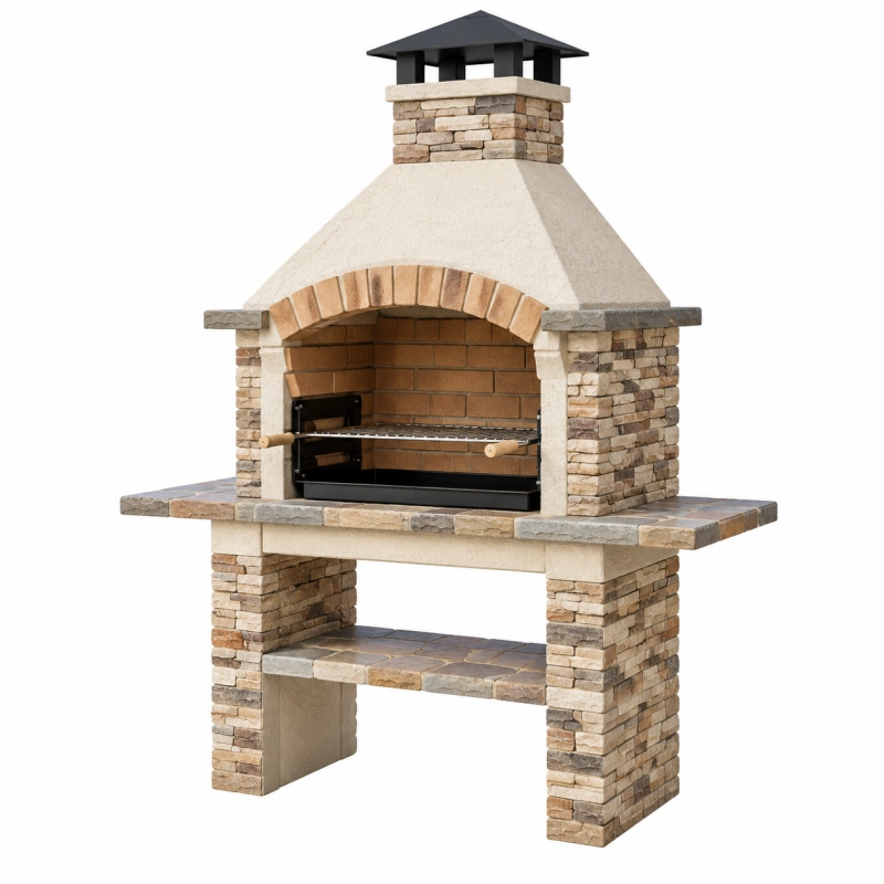 Barbecue da giardino 140 x 70 x 220 cm in pietra beige con griglia in acciaio stile rustico