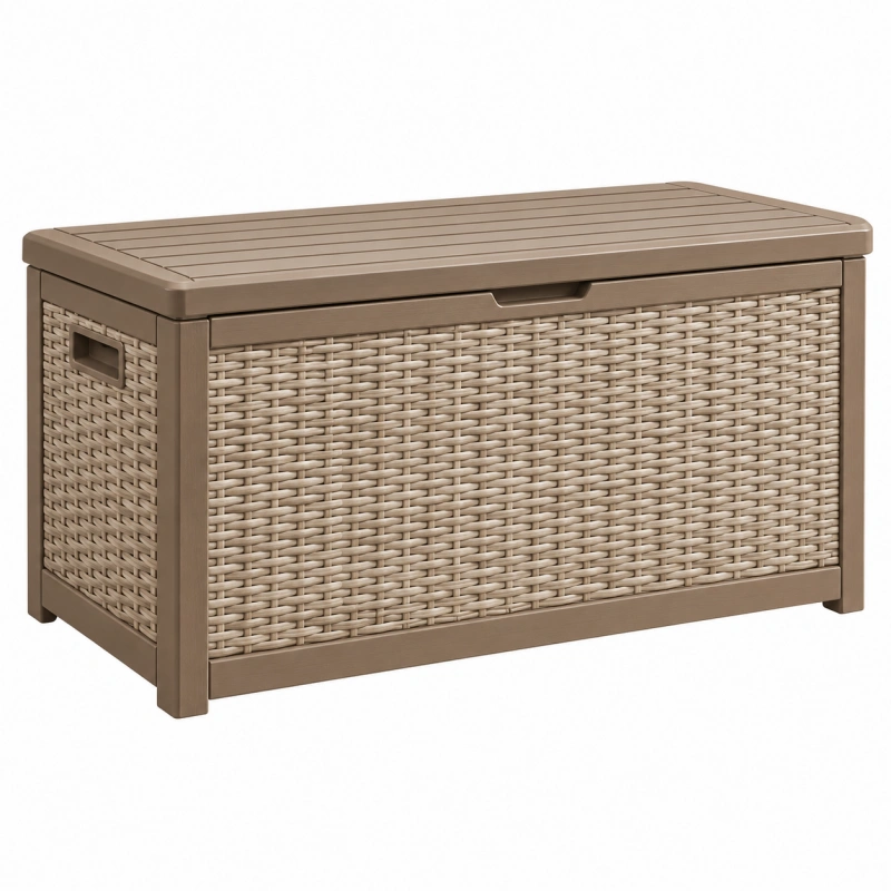Cassapanca da esterno 120 cm in resina beige effetto rattan con coperchio