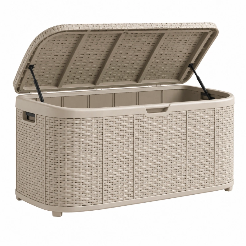 Cassapanca contenitore da esterno 120 x 52 x 60 cm in plastica beige effetto rattan con coperchio sollevabile