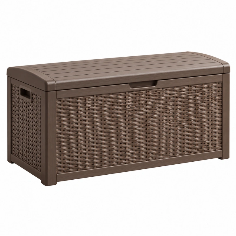 Cassapanca contenitore da esterno 120 x 56 x 63 cm in plastica marrone effetto rattan con coperchio